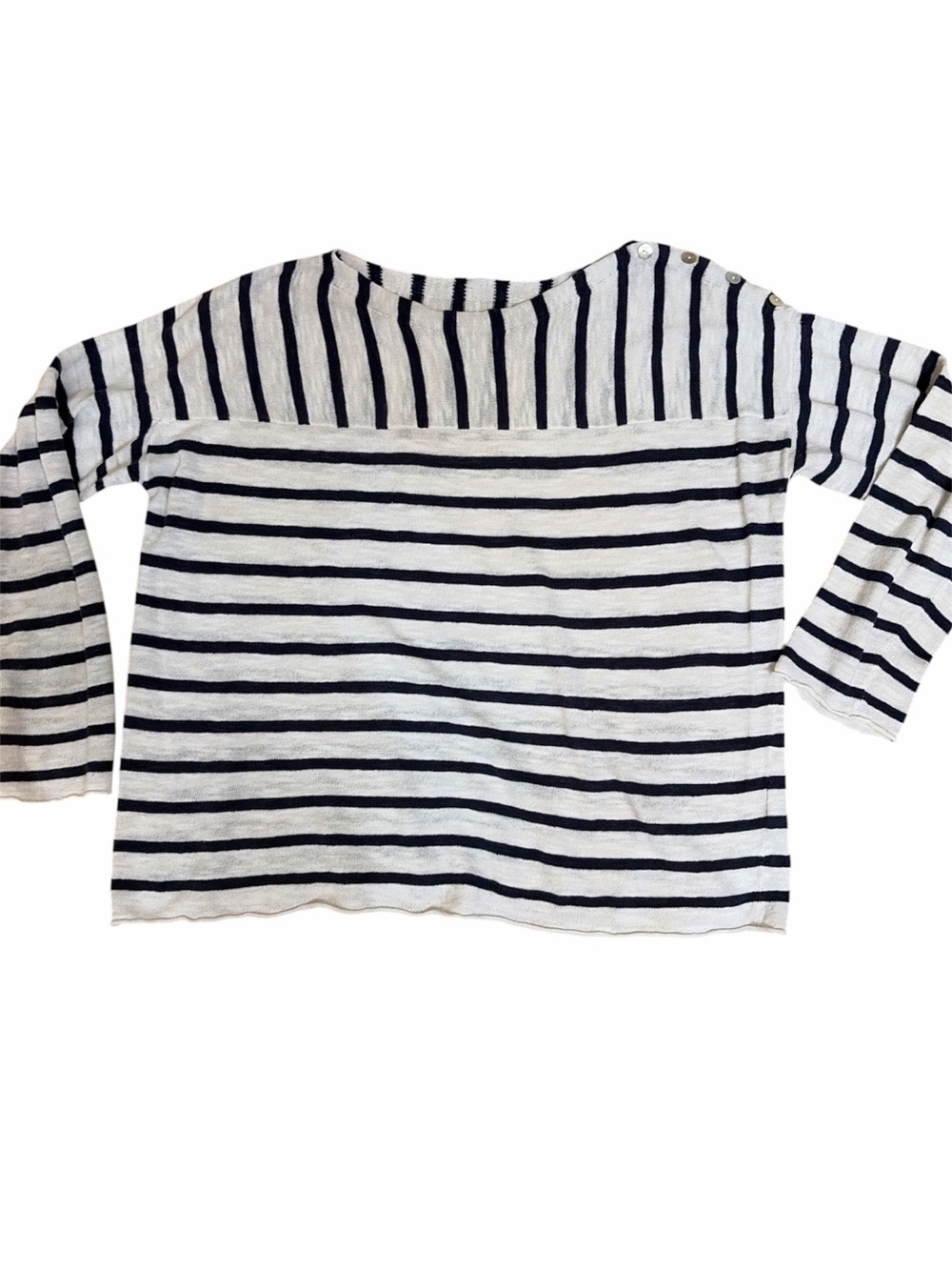 Eileen Fisher nautical boat neck top button shoulder organic linen/cotton stripe